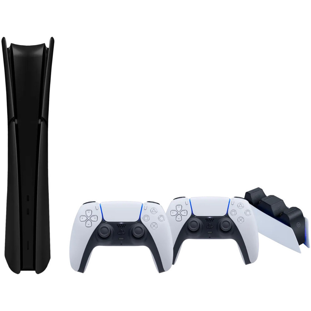 PS5 Slim Digital Edition + Covers Zwart + Extra Controller Wit + Oplaadstation PS5 Slim Digital Edition + Covers Zwart + Extra Controller Wit + Oplaadstation