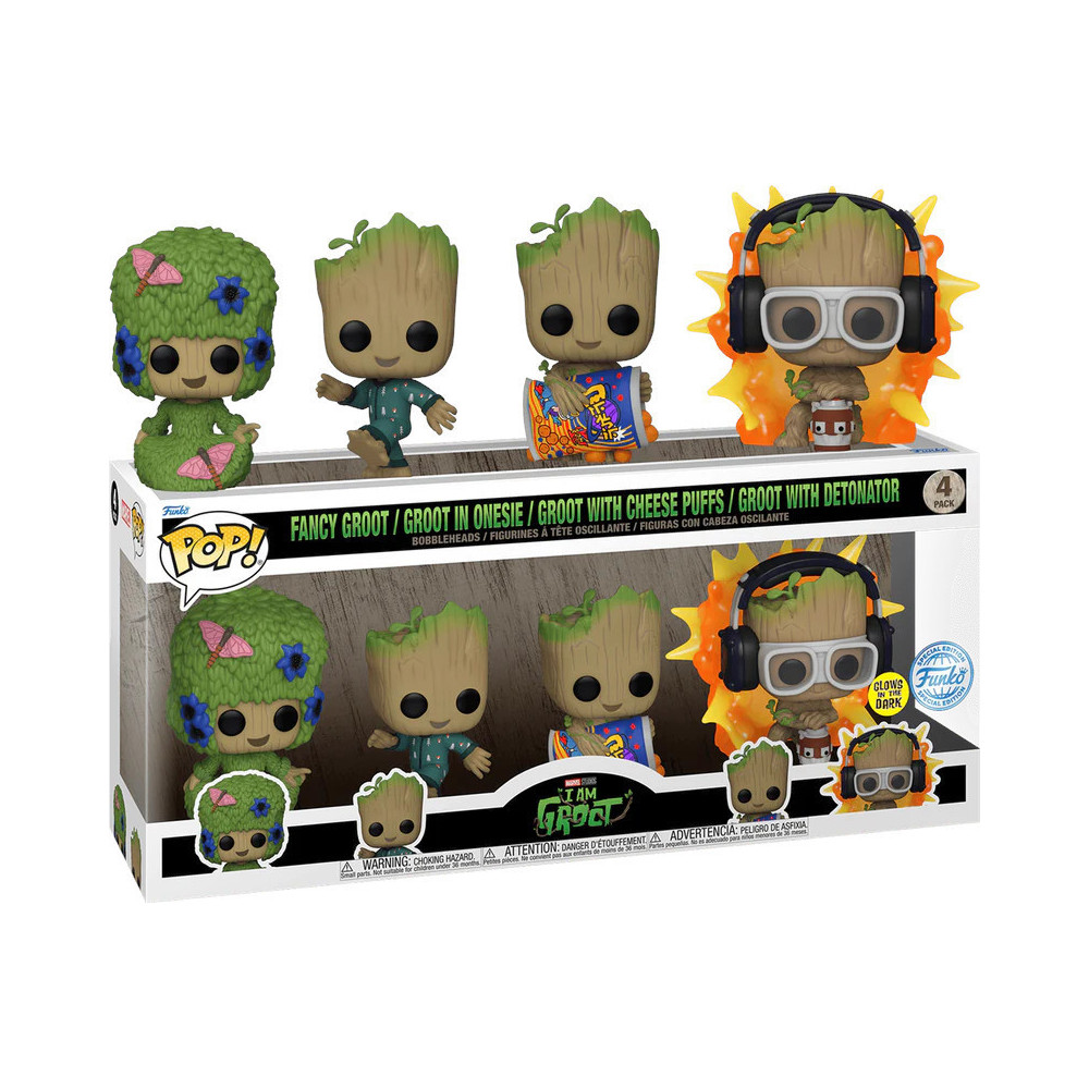 Marvel: I Am Groot Funko Pop Vinyl 4-pack: Facy Groot, Groot in Onesie, Groot with Cheese Puffs, Groot with Detonator Marvel: I Am Groot Funko Pop Vinyl 4-pack: Facy Groot, Groot in Onesie, Groot with Cheese Puffs, Groot with Detonator