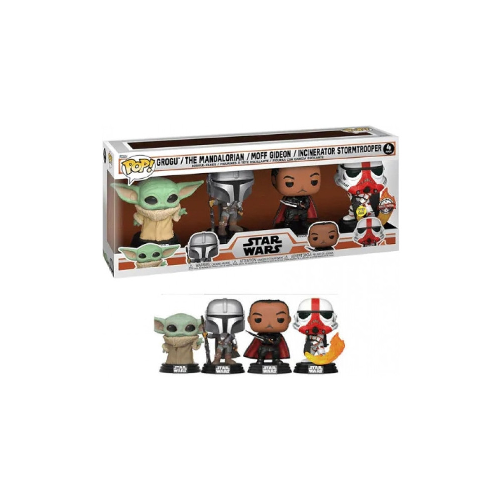 Star Wars Funko Pop Vinyl 4-Pack: Grogu, Mandalorian, Moff Gideon & Incinerator Stormtrooper Glow in the Dark Star Wars Funko Pop Vinyl 4-Pack: Grogu, Mandalorian, Moff Gideon & Incinerator Stormtrooper Glow in the Dark