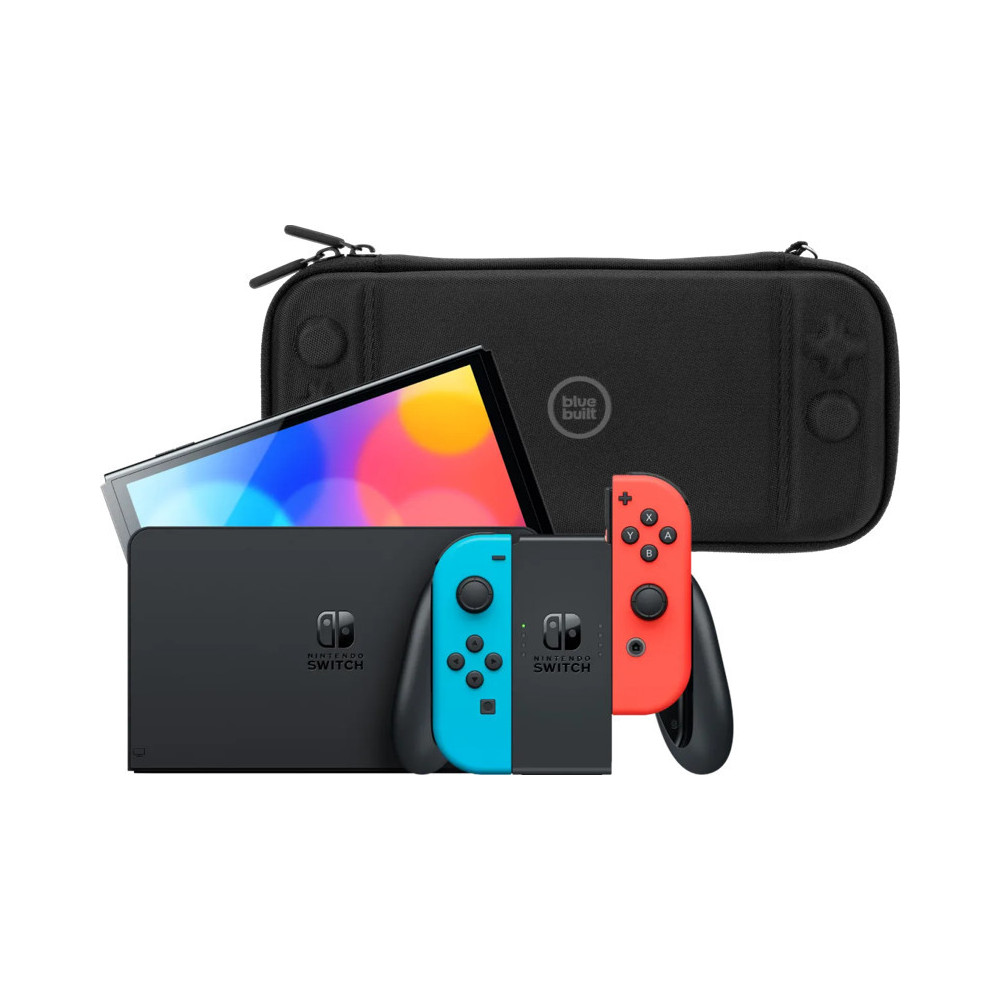 Nintendo Switch OLED Blauw/Rood + BlueBuilt Beschermhoes Nintendo Switch OLED Blauw/Rood + BlueBuilt Beschermhoes