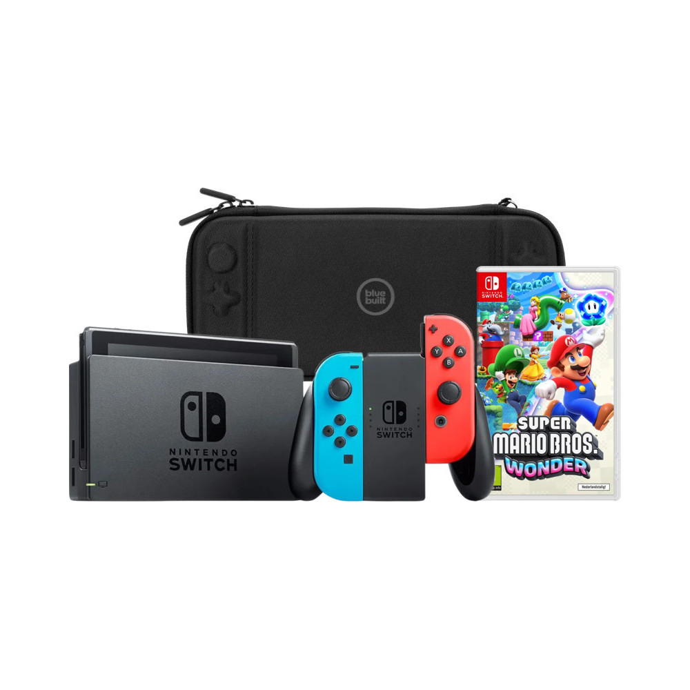 Nintendo Switch Rood/Blauw + Super Mario Bros. Wonder + BlueBuilt Beschermhoes Nintendo Switch Rood/Blauw + Super Mario Bros. Wonder + BlueBuilt Beschermhoes