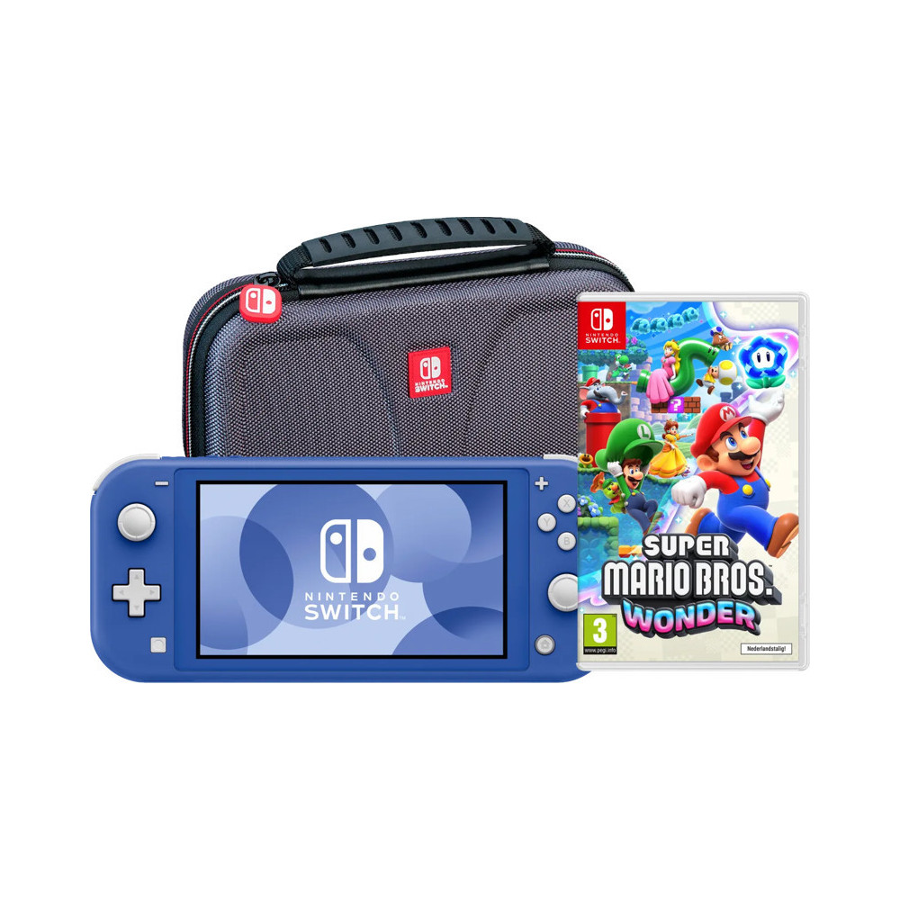 Nintendo Switch Lite Blauw + Super Mario Bros. Wonder + Beschermhoes Nintendo Switch Lite Blauw + Super Mario Bros. Wonder + Beschermhoes