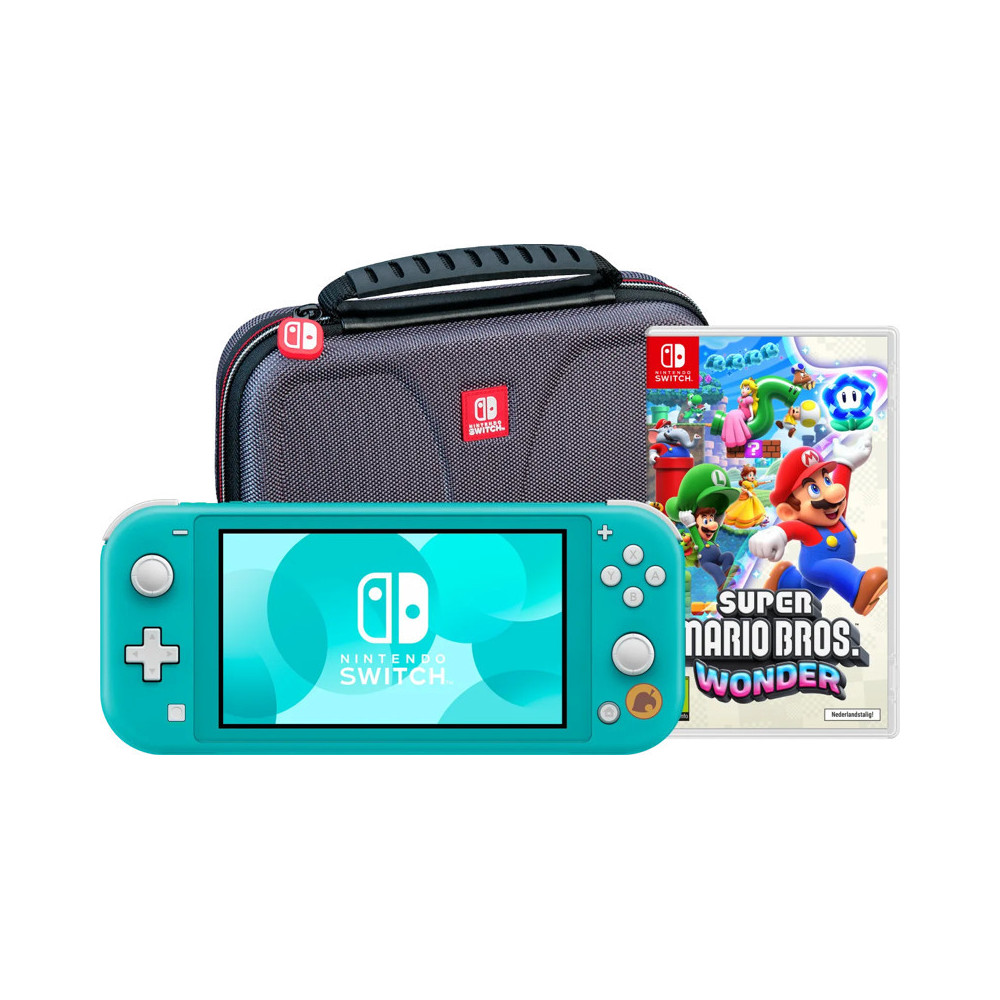 Nintendo Switch Lite Turquoise + Super Mario Bros. Wonder + Beschermhoes Nintendo Switch Lite Turquoise + Super Mario Bros. Wonder + Beschermhoes